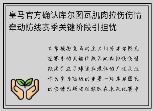 皇马官方确认库尔图瓦肌肉拉伤伤情牵动防线赛季关键阶段引担忧 皇马官方确认库尔图瓦肌肉拉伤伤情牵动防线赛季关键阶段引担忧